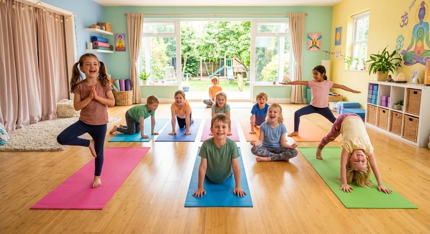 Glückliche Kinder beim gemeinsamen Yoga in einem bunten Studio