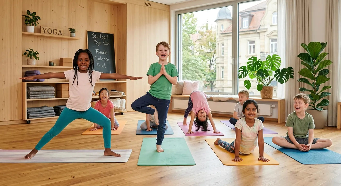 Diverse Kinder beim Yoga in einem modernen Studio in Stuttgart