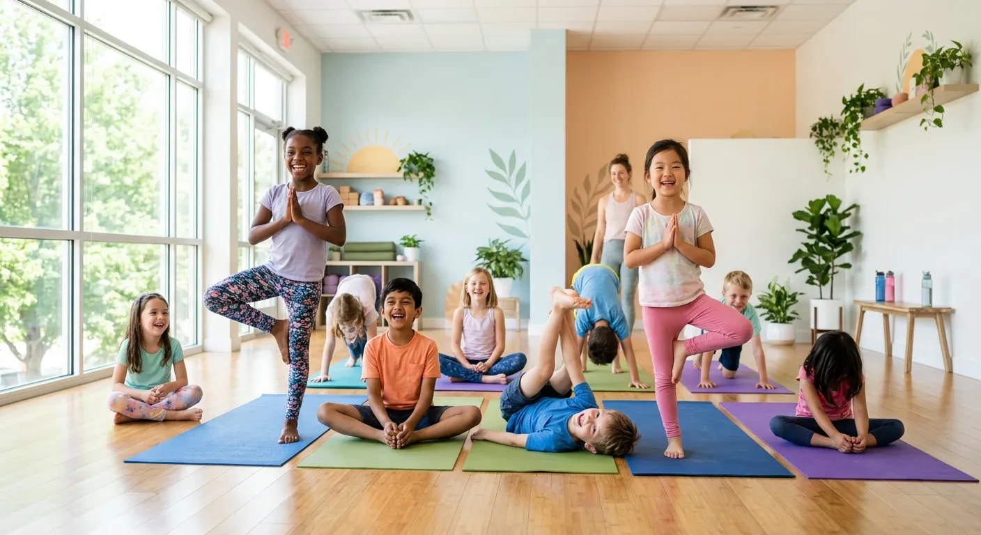 Kinder beim Yoga in einem hellen, einladenden Studio in Stuttgart